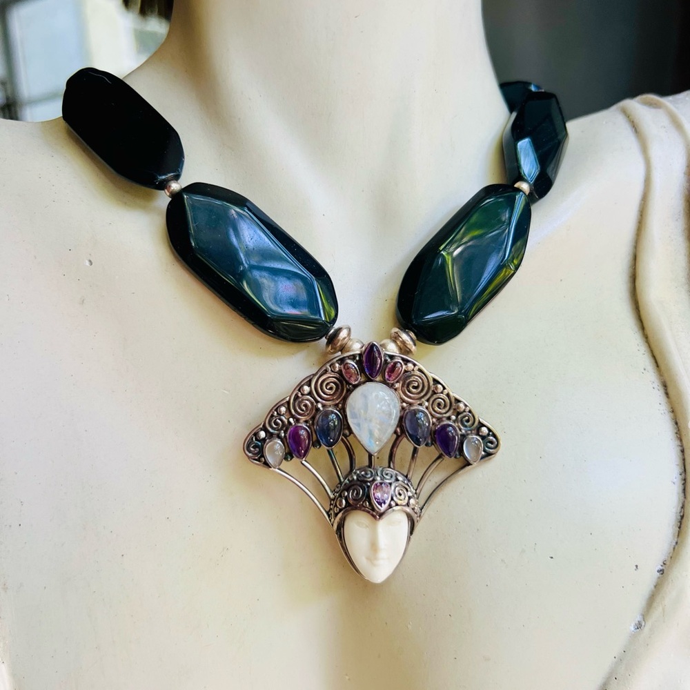 Ornate Goddess Real Silver Amethyst and Moonstone Bib Necklace - Picture 9 of 9